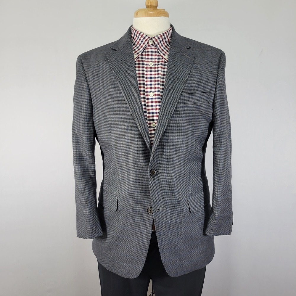 Chaps Men's Sport Coat Blazer Two Button Gray Blue Plaid Poly Blend 38R
